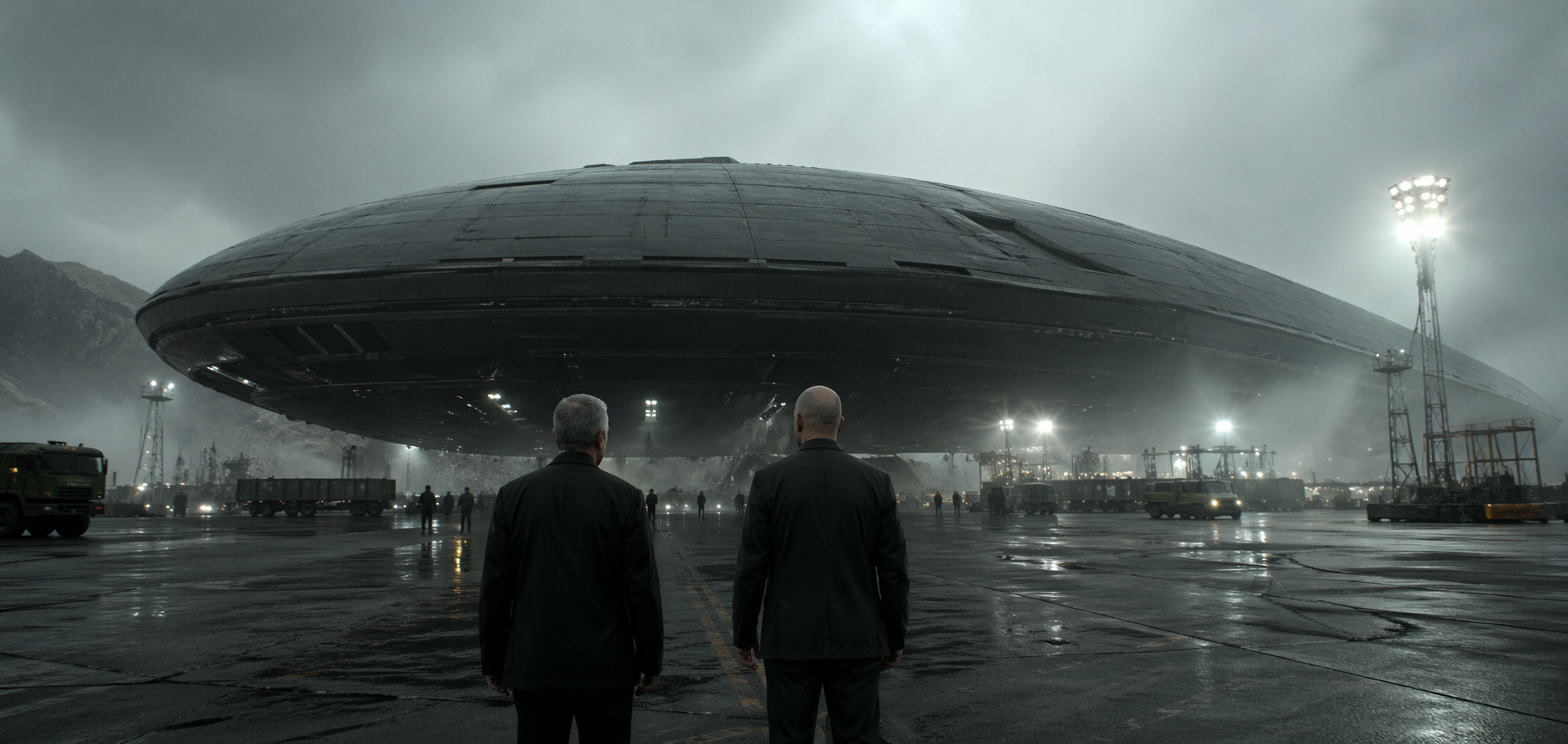 Two officials stand before a massive recovered craft at a classified military installation